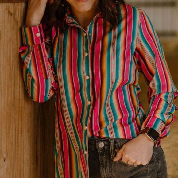 Western Cowgirl Aztec SerapeāPrint Long Sleeve Pearl Snap Casual Top New - Picture 9 of 12